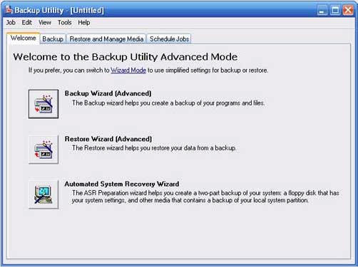 Расширенный режим настройки утилиты Windows Backup