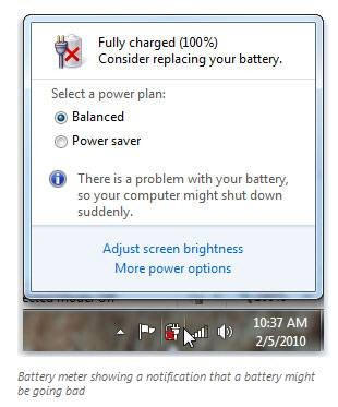Уведомление о состоянии аккумулятора в Windows 7