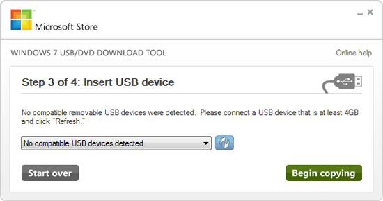 Окно   приложения Windows 7 USB/DVD Download Tool, совместимых устройств USB не   обнаружено