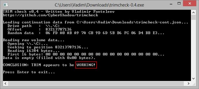 Работа утилиты TRIMcheck