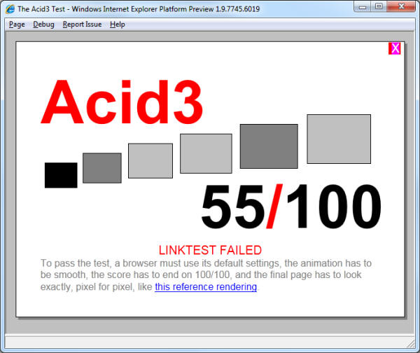 Предварительная платформа Internet Explorer 9 «выбивает» 55 из 100 баллов теста Acid3 на соответствие современным 